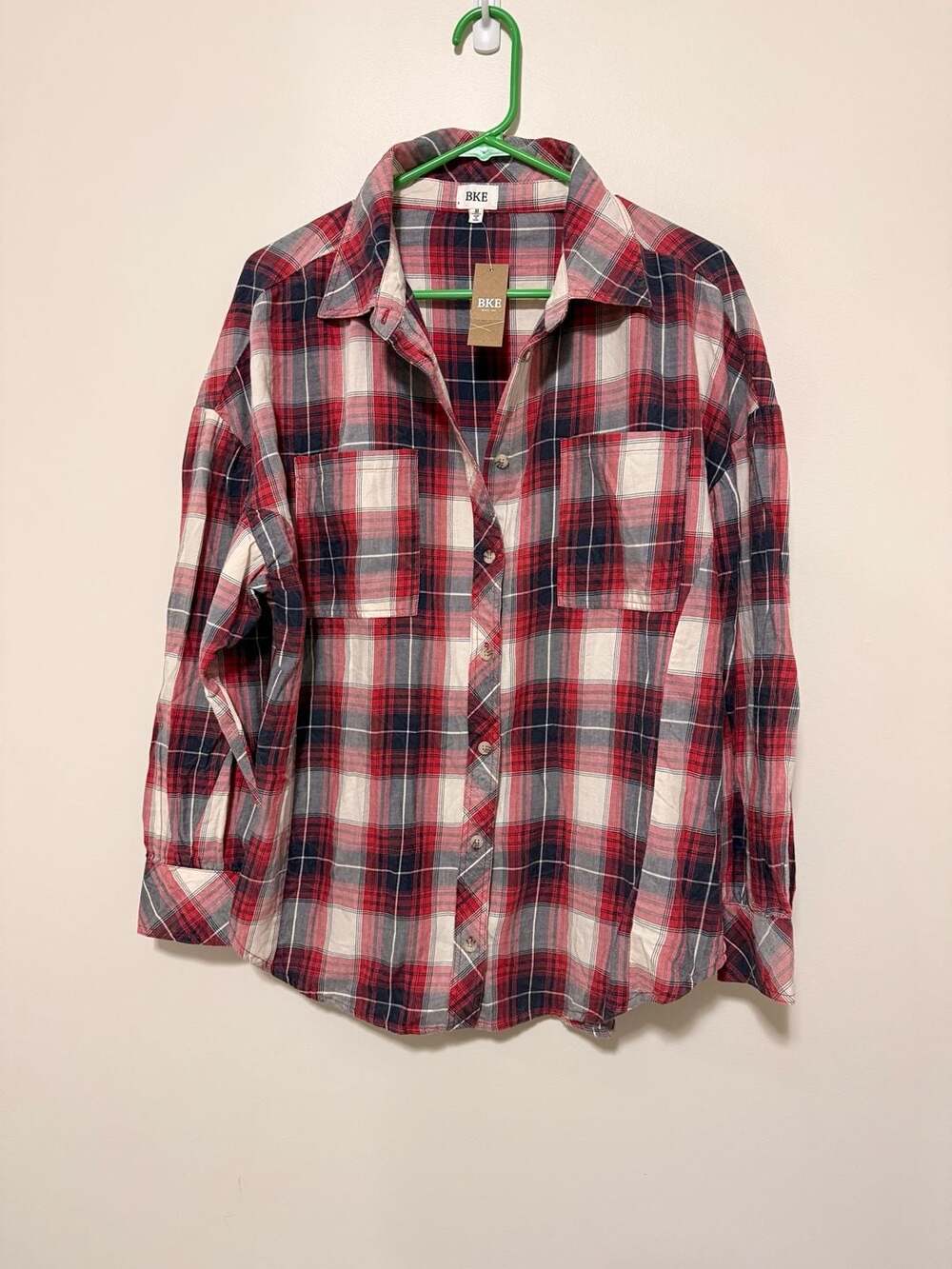 NWT BKE Plaid Women’s Medium Red 100% Cotton Long Sleeve Button Down Buckle Shir